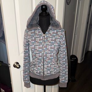 🖤AEROPOSTALE VINTAGE HEART PATTERN GRAY FUR-LINED HOODIE SIZE M🖤